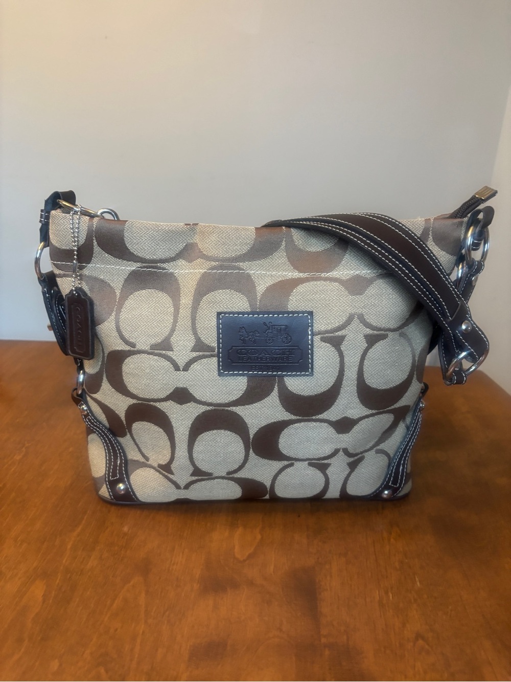 Coach Brown Signature Canvas Shoulder Bag with Leather Trim